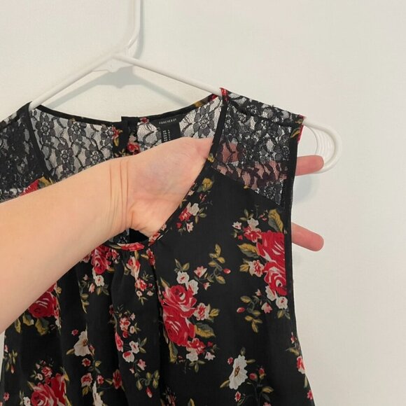 FOREVER 21 Black Red Floral / Sheer Black Lace Back Mini Fit Flare Dress NO BELT - Picture 7 of 16